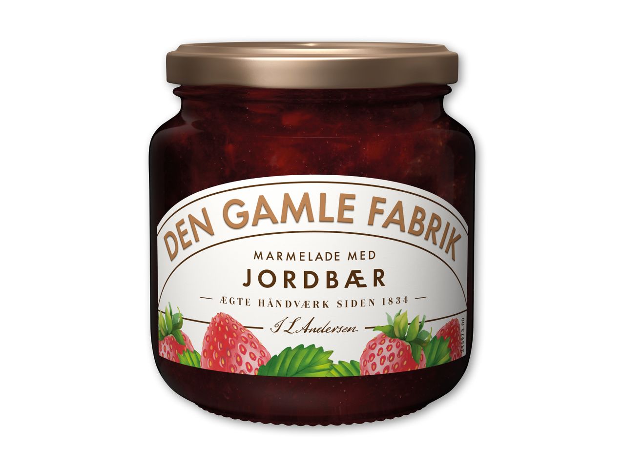 Jordbærmarmelade i glas med etiket, der fremhæver 'Den Gamle Fabrik' og 'Jordbær'.