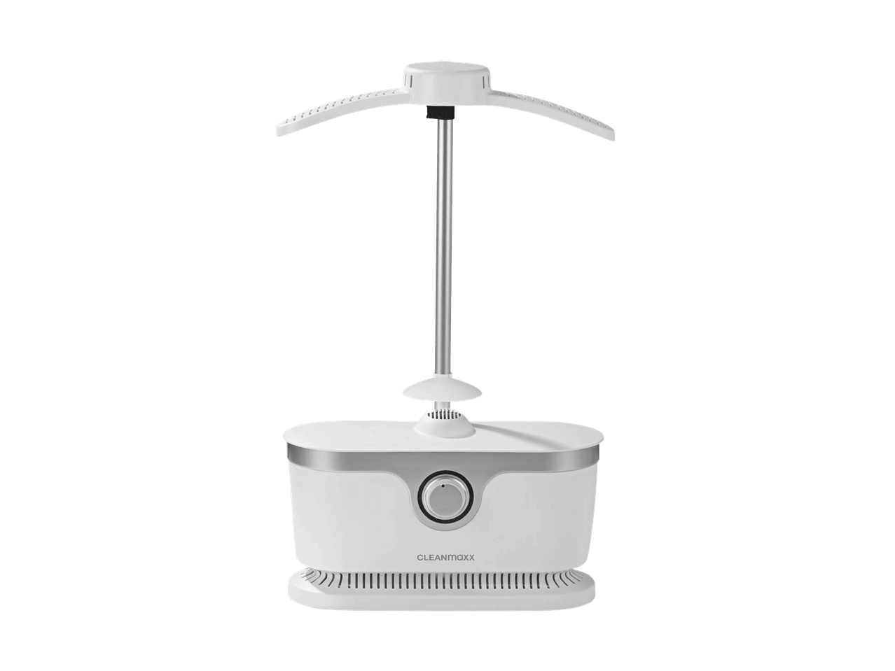 Weißer und silberner Standdampfglätter mit integriertem Kleiderbügel.