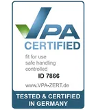 Selo VPA Certified: 'fit for use, safe handling, controlled', ID 7866, www.VPA-ZERT.de, 'TESTED & CERTIFIED IN GERMANY'.