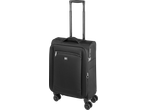 Black soft-shell carry-on luggage with an extended telescopic handle and four spinner wheels.