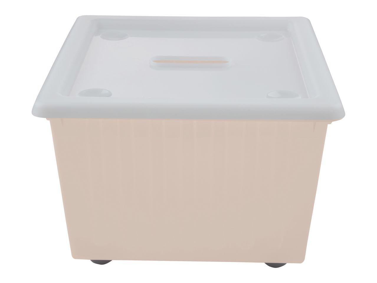 Light brown storage box with a white lid and a slot on top