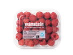 Een doorzichtige verpakking met frambozen, met een etiket met de tekst 'Frambozen van Hollandse Bodem' en '125G Nederland'.