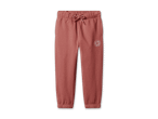 Rostrote Jogginghose mit Kordelzug und einem weißen Sonnenlogo auf dem linken Bein.