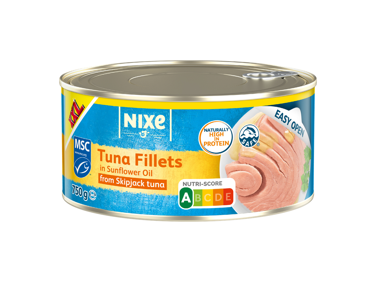 Nixe tuna fileti u suncokretovom ulju, 750g, s Nutri-Score A i MSC certifikatom.
