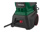Close-up of a Parkside pressure washer's base, showing power cord, on/off switch, and wheel.