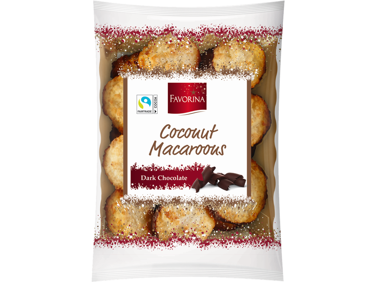 Favorina Coconut Macaroons with dark chocolate in a clear package.