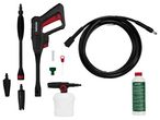 A PARKSIDE® Flexi Pressure Washer gun with various nozzles, hoses, and cleaning solution bottles.
