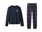A navy blue pajama set with a koala graphic on the top and plaid pants.