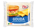 Pilos Gouda топено сирене на филийки в опаковка с изображение на сандвич.
