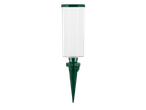 Zelena vrtna lampa s bijelom cilindričnom nijansom.