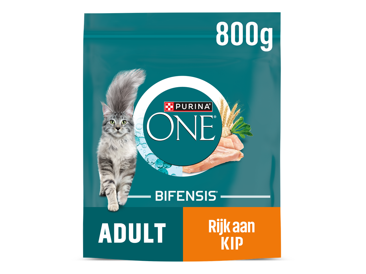 Verpakking kattenvoer voor volwassen katten, 800g, rijk aan kip, met een grijze kat.