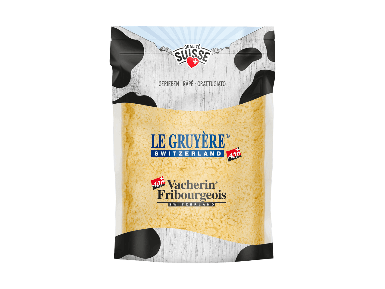 Confezione di formaggio svizzero grattugiato, inclusi Le Gruyère e Vacherin Fribourgeois.