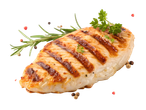 Gegrilltes Hähnchenbrustfilet mit Rosmarin und Pfefferkörnern auf schwarzem Hintergrund.