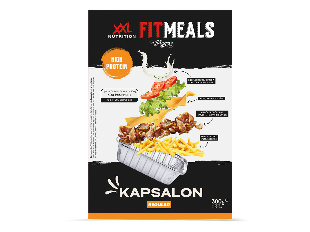 Kapsalon met kipdöner, friet, kaas, knoflooksaus en salade, 300g, 600 kcal, hoog in eiwit.