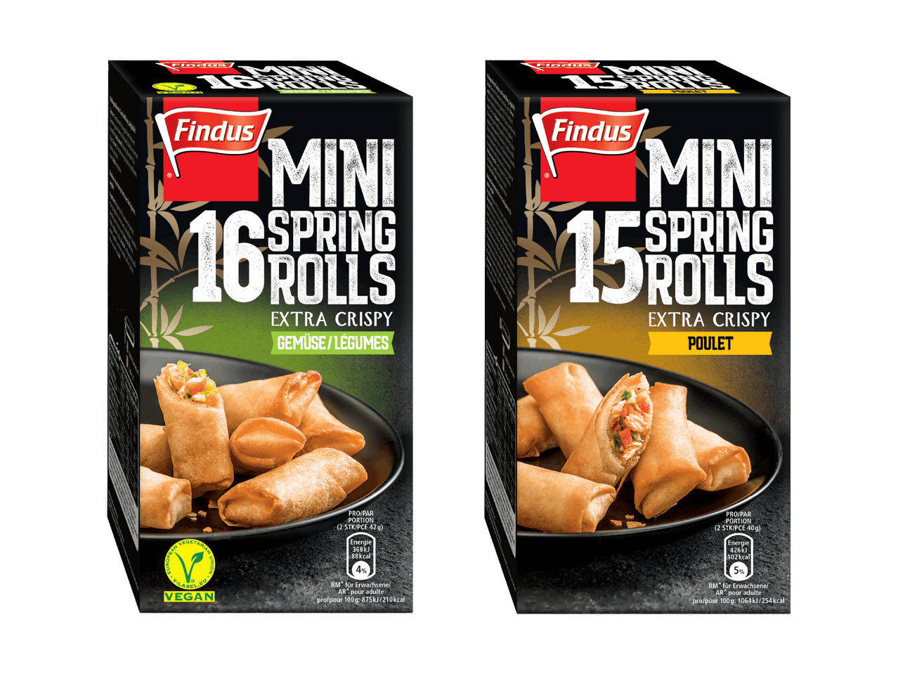 Zwei Packungen knusprige Mini-Frühlingsrollen, eine vegan mit Gemüse, die andere mit Huhn.