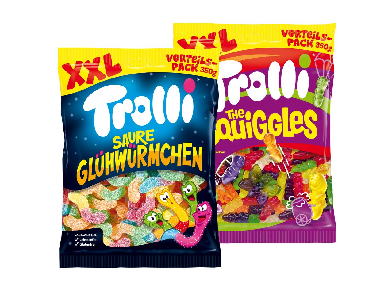 Zwei Trolli-Packungen mit sauren Gummibärchen in XXL- und Vorteils-Packungen.