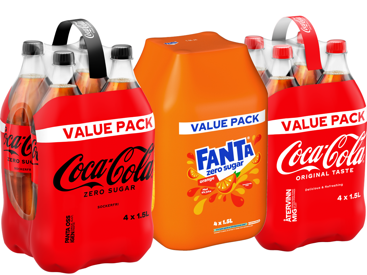 Två Coca-Cola-paket och ett Fanta-paket