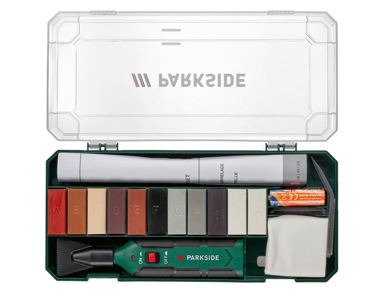 Parkside® lamināta un parketa/flīžu remonta komplekts ar vaska stienīšiem, instrumentu un piederumiem.