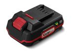 Black and red power tool battery with charge indicator and release button.