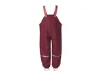 Maroon waterproof dungarees with pink straps and reflective strips.