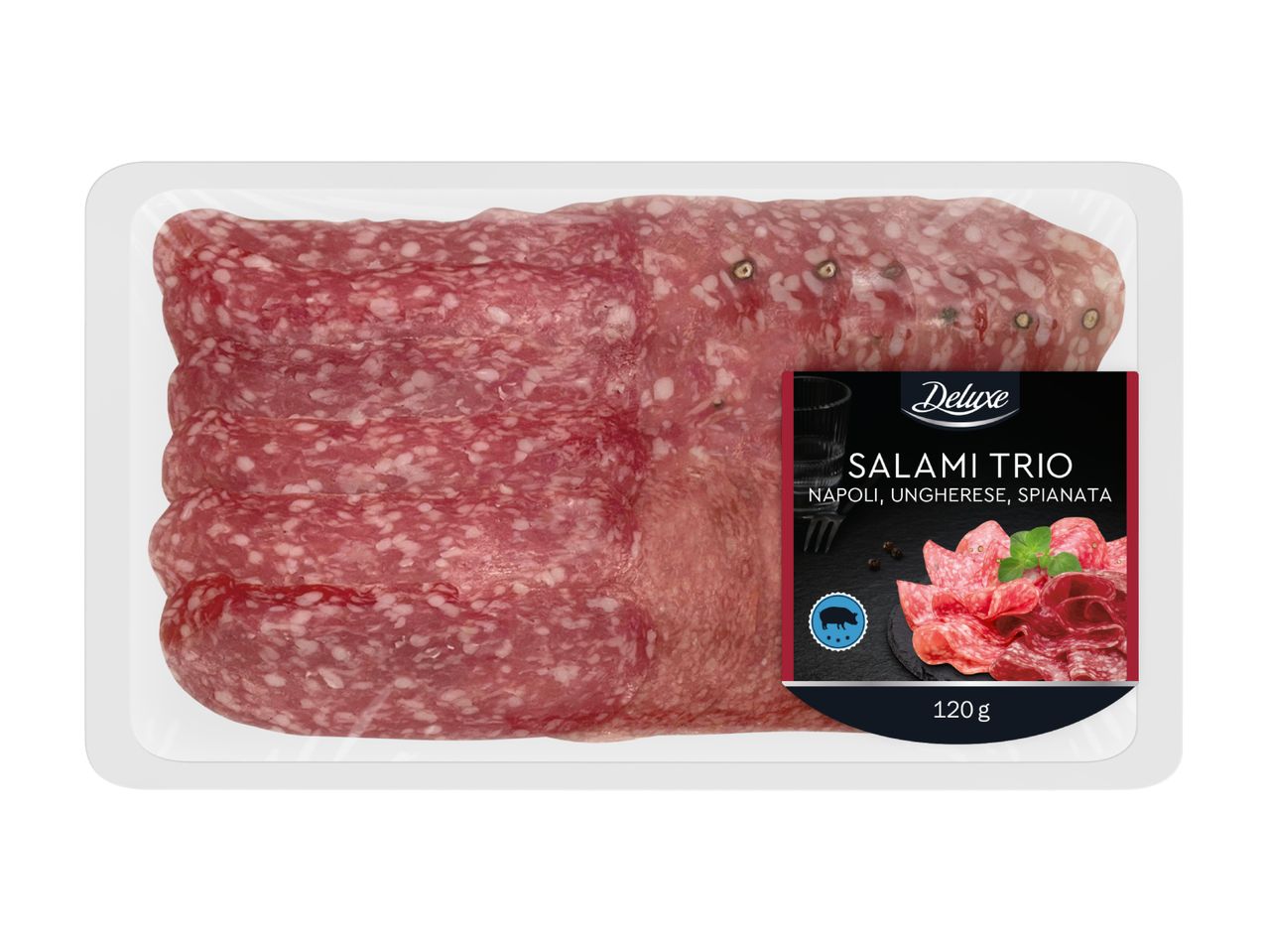 Deluxe Salami Trio (Napoli, Ungherese, Spianata) in a clear plastic tray, 120g