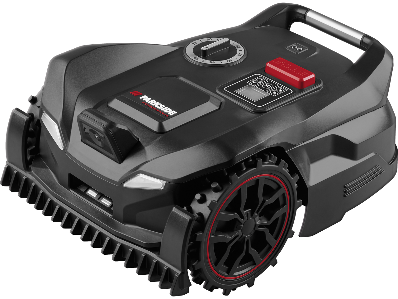 PARKSIDE PERFORMANCE® 20V Robot Lawn Mower, black with red accents and control panel.
