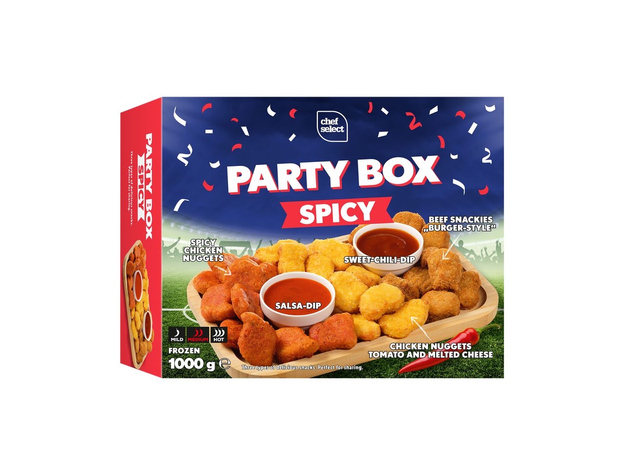 Boîte de fête épicée avec nuggets de poulet, snackies de bœuf et sauces, 1000g.