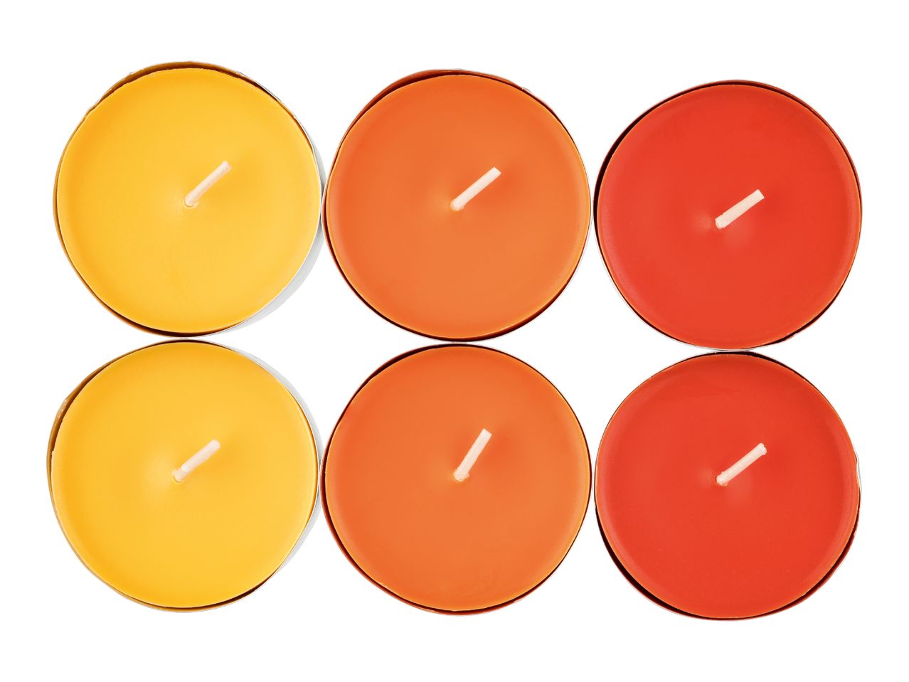 Six colorful tea light candles in yellow, orange, and red, arranged in two rows.