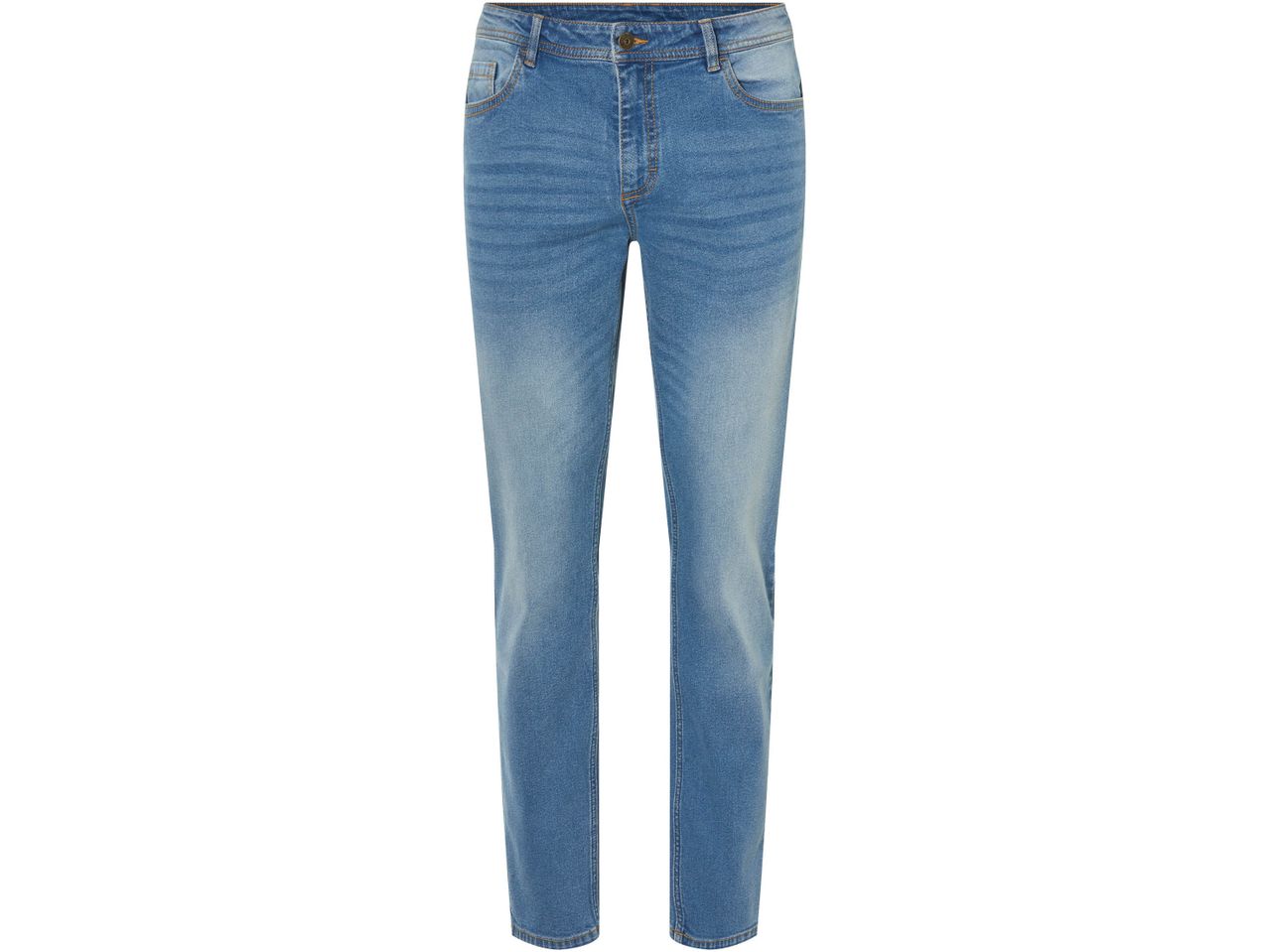 Jeans blu a vita alta con lavaggio chiaro e cuciture a contrasto.