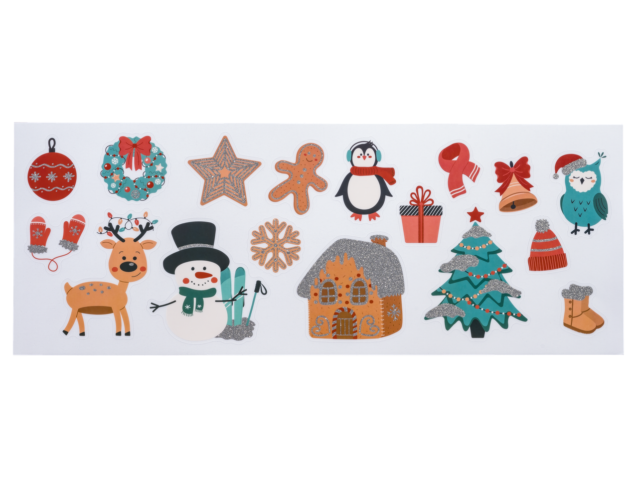 Livarno Home kalėdiniai langų lipdukai su elniu, sniego seniu, pingvinu, eglute ir meduolių nameliu