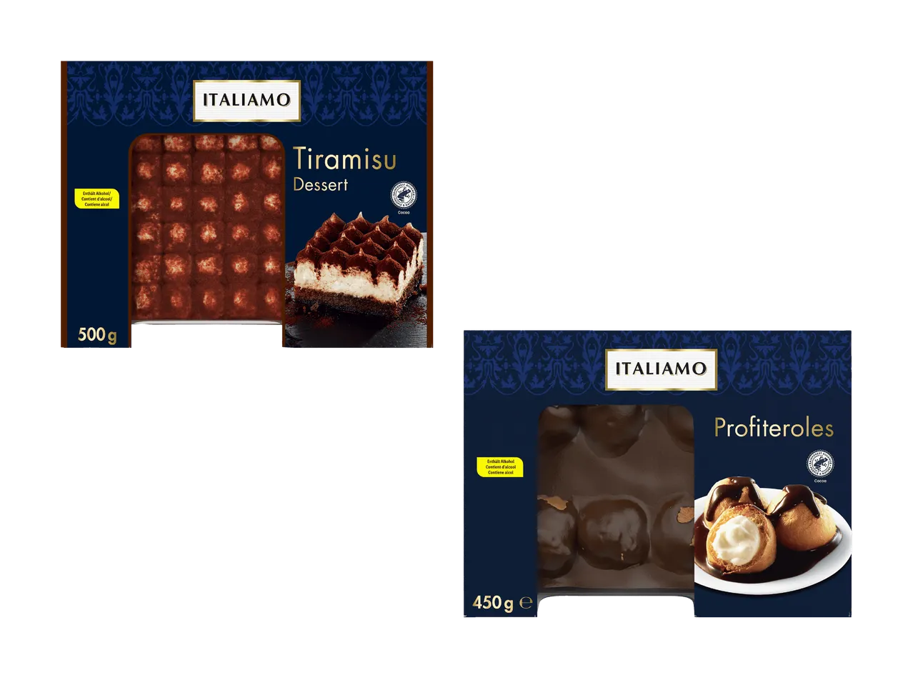 Deux desserts italiens : un tiramisu de 500g et des profiteroles de 450g, les deux contenant de l'alcool.