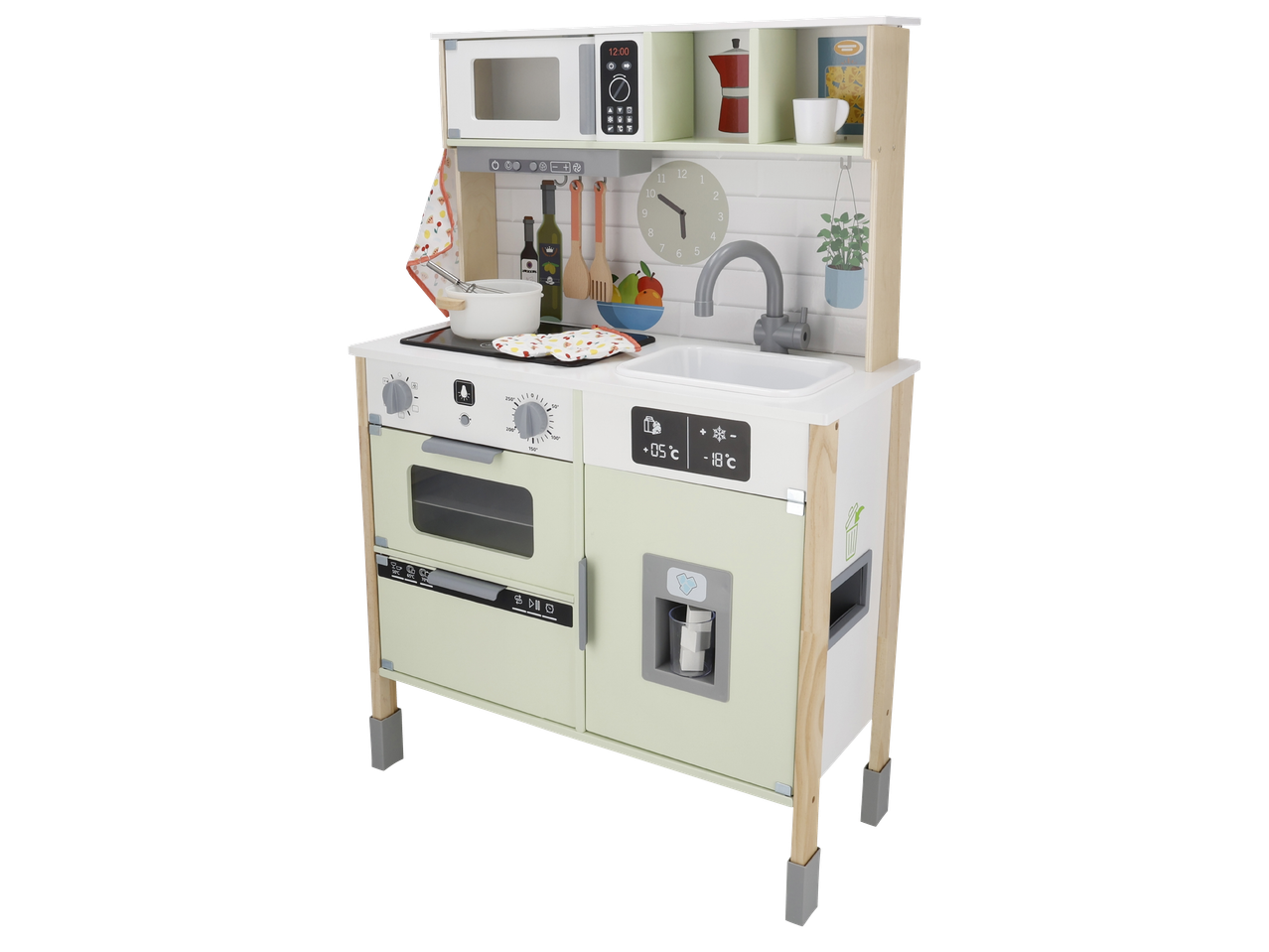 Детска дървена кухня за игра с микровълнова печка, фурна, мивка и хладилник.