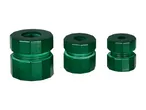 Three green compression fittings of varying sizes, arranged horizontally.