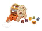 Wooden fox pull-along toy with a shape sorter drum and six forest animal-themed blocks.