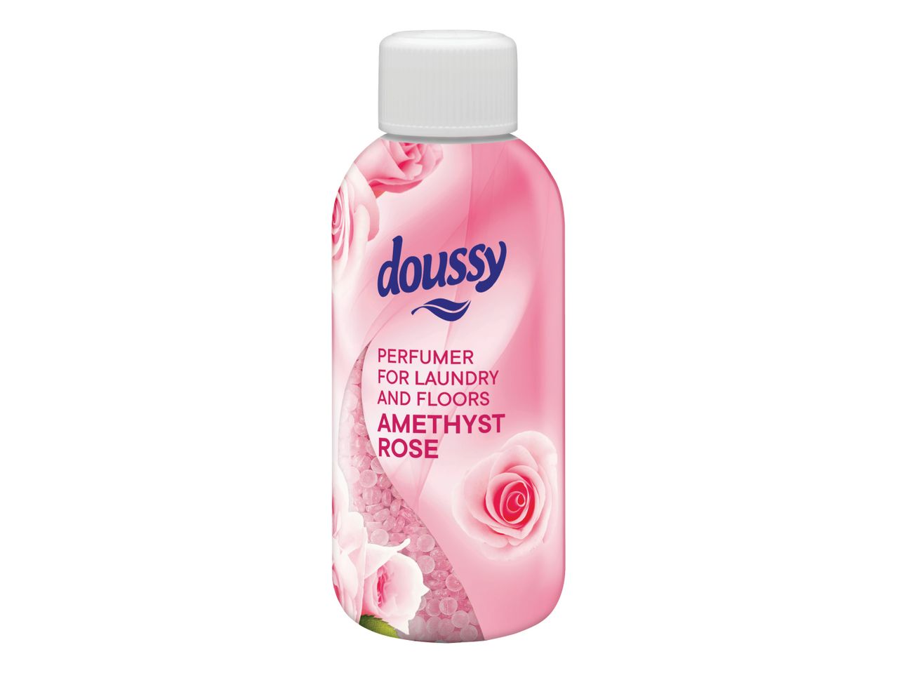 Rožnata steklenička dišave Doussy za perilo in tla z napisom Amethyst Rose.
