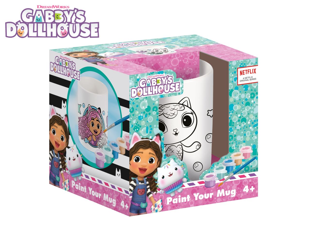 DreamWorks Gabby's Dollhouse paint-your-own mug craft kit with paints and brush.