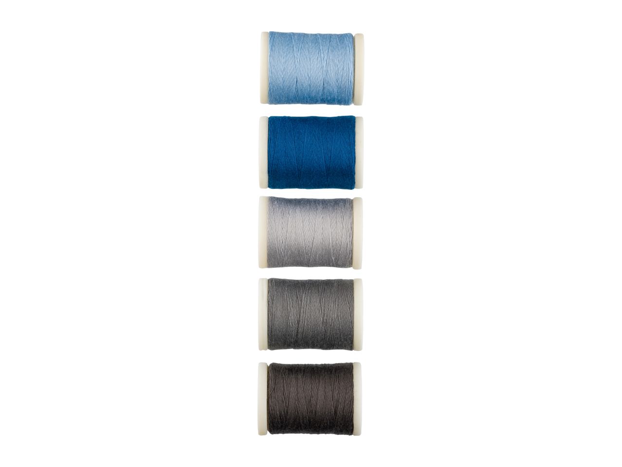 Five spools of sewing thread in shades of blue and grey, arranged vertically.