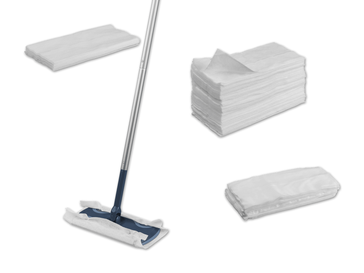 Bodenwischer mit Einwegtüchern und Stapeln von Ersatztüchern