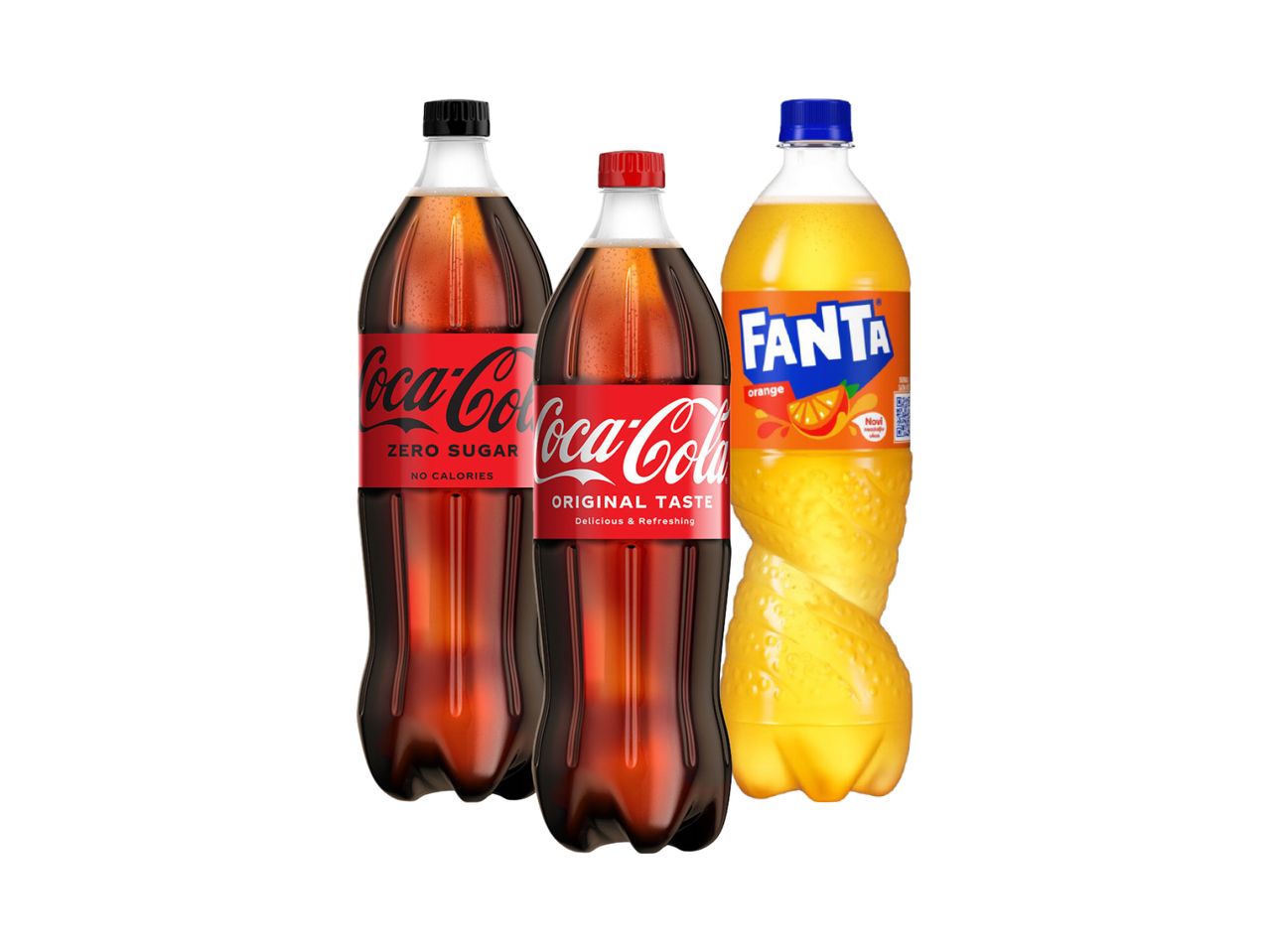 Dve boce Coca-Cole i jedna boca Fante sa ukusom narandže.