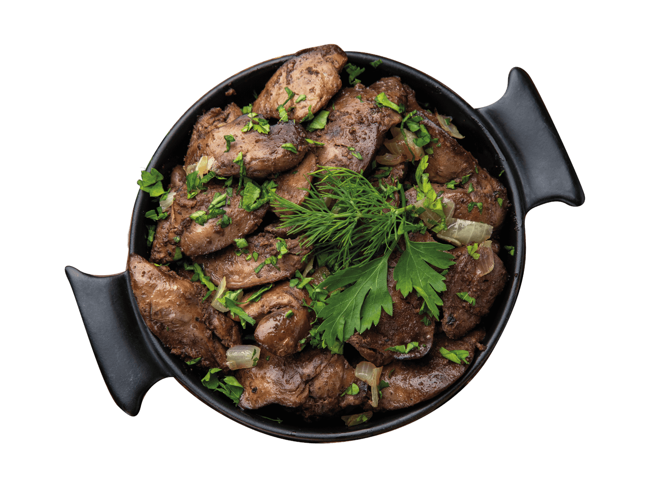 Gebratene Hähnchenleber mit Zwiebeln und frischen Kräutern in einer schwarzen Pfanne.