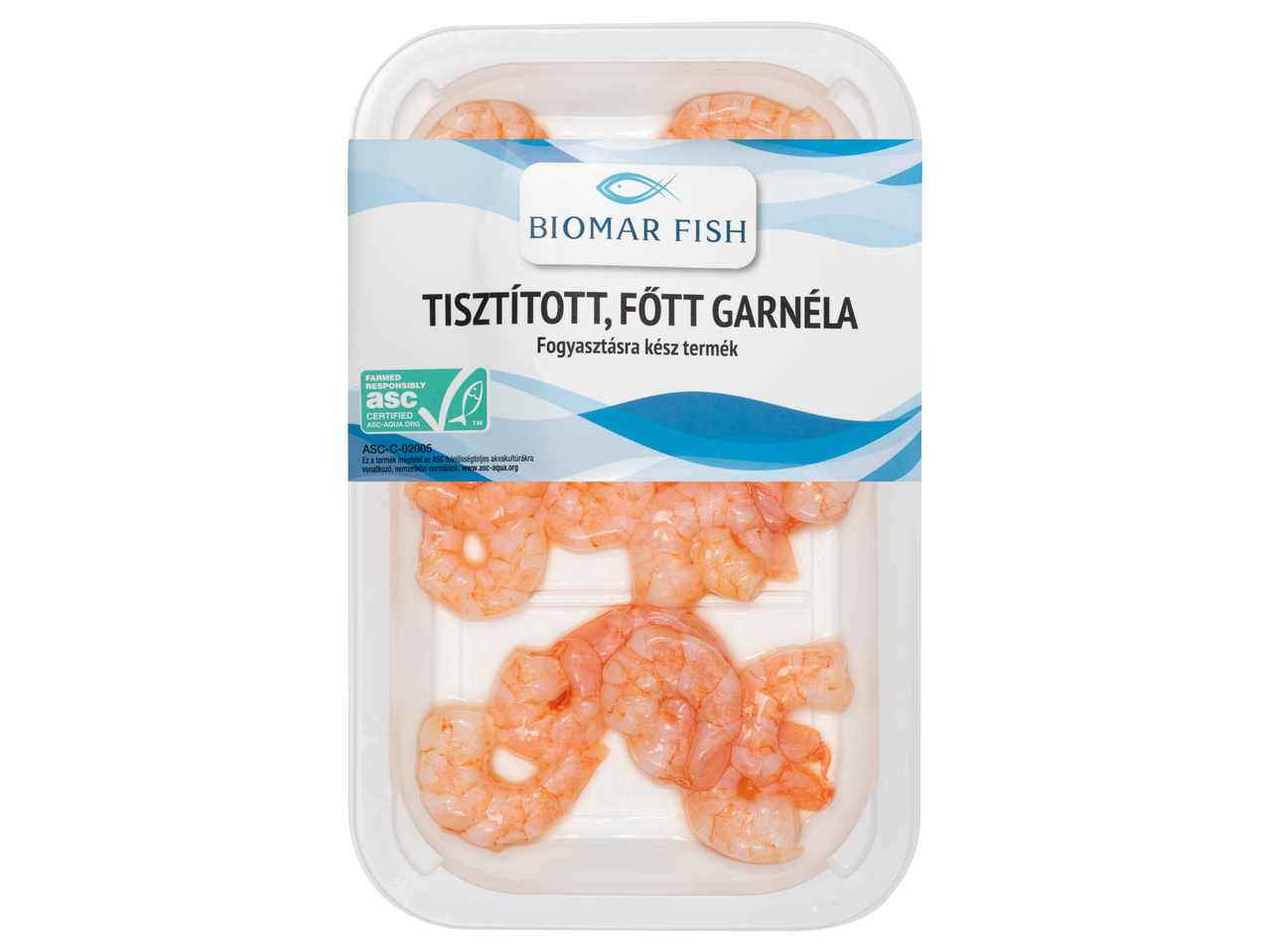 Tisztított, főtt garnélarák átlátszó tálcán, Biomar Fish címkével.