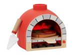 Toy pizza oven with a pizza, toppings, and a pizza peel.