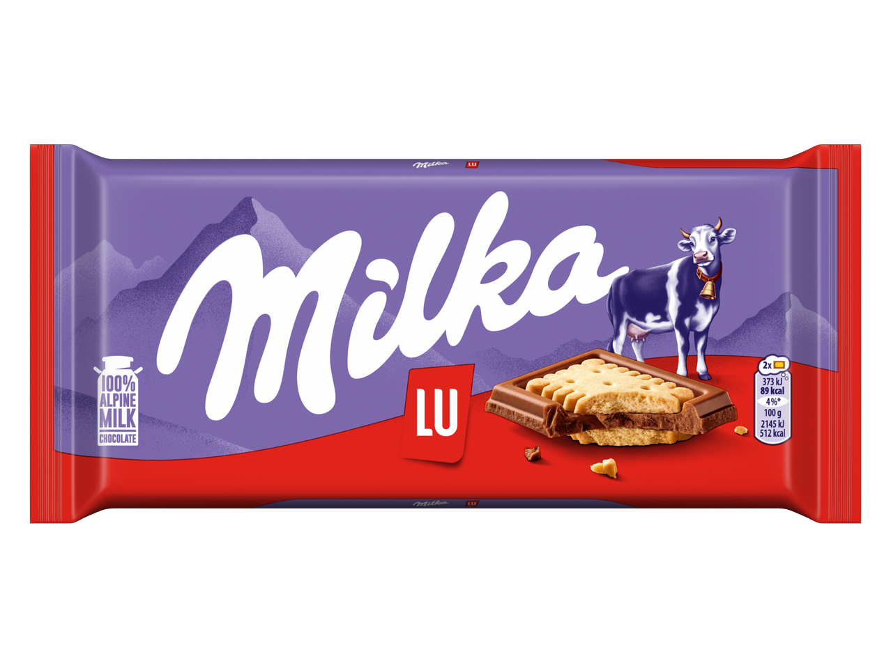 Chocoladereep met biscuitvulling en een afbeelding van een koe op een paarse achtergrond.