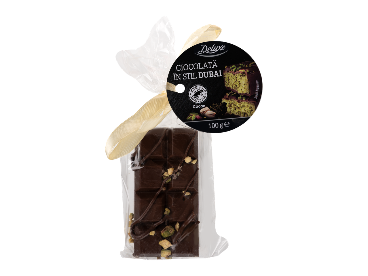 Tabletă de ciocolată Deluxe cu pistacii, ambalată cadou.