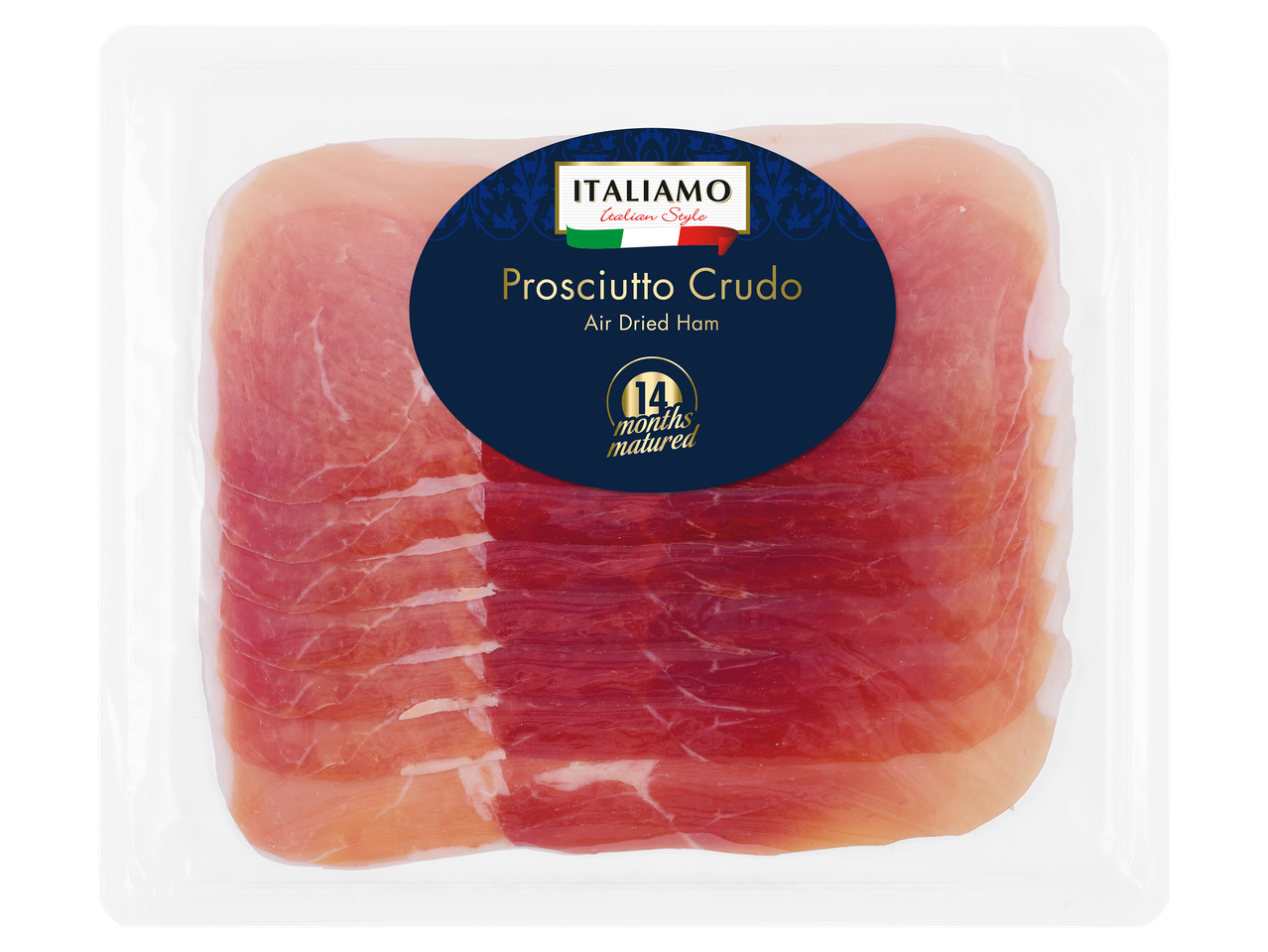 Szeletelt, 14 hónapig érlelt Prosciutto Crudo levegőn szárított sonka csomagolásban.