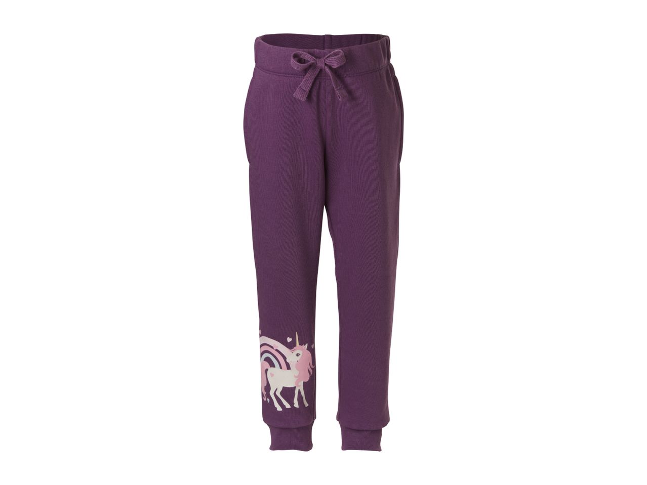 Purple sweatpants with a unicorn and rainbow graphic on the left leg.