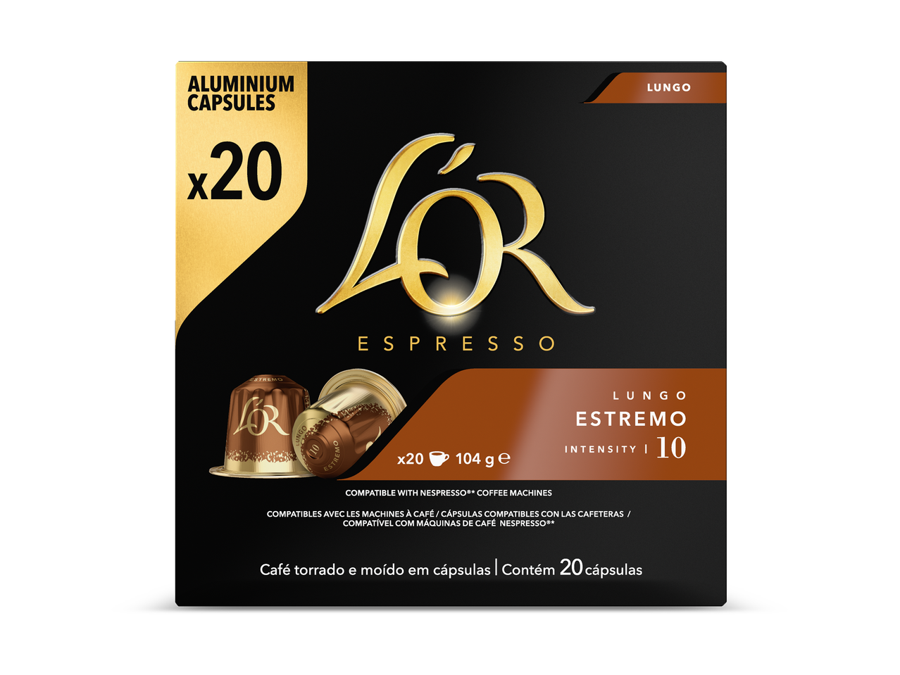 Een doos met 20 aluminium koffiecapsules, Lungo Estremo, intensiteit 10, compatibel met Nespresso-machines.