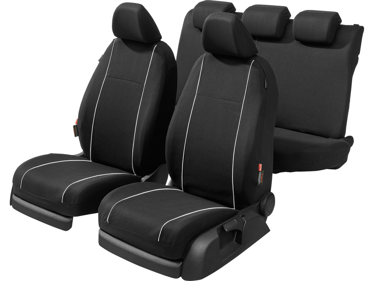 Black car seat covers with white piping.