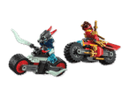 Zwei Lego Ninjago Motorräder mit Minifiguren, eines rot und gold, das andere grau und hellblau.