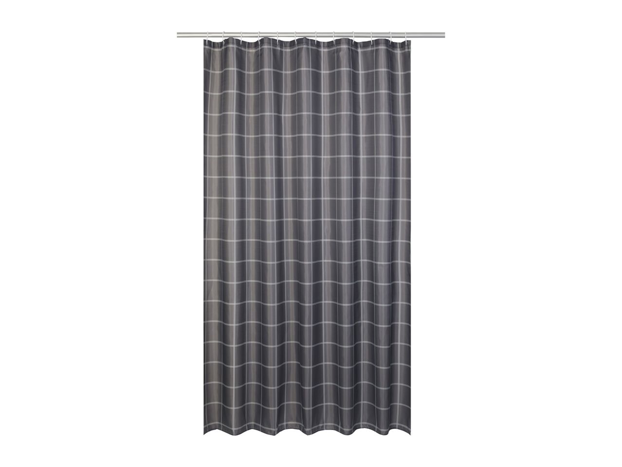 A dark gray and white plaid shower curtain hangs from a rod.